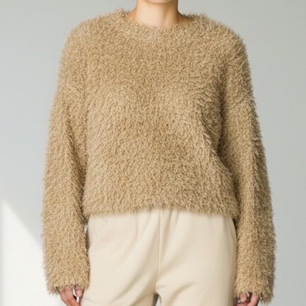 G by Giuliana Black Label‎ Tan Shaggy Eyelash Knit Faux Fur Sweater Womens M